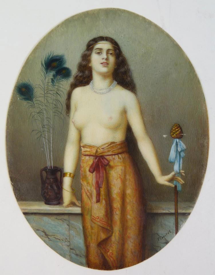 ANTIQUE HAND PAINTED IVORY PLAQUE OF NUDE SIGNED: Antique French oil painting on ivory depicting a partially nude Grecian female. She is holding an acorn head staff by a blue ribbon. To the left of her is an amphora vase with peacock feathers. Signed