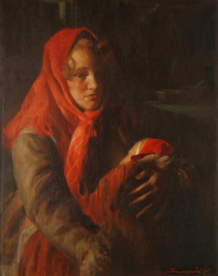 OIL ON CANVAS OF GIRL IN RED SHAWL w BABY SIGNED: Oil painting on canvas of a woman wearing a red shawl and holding a baby. Signed lower right. Probably Russian or Armenian. Measures 30" height x 24" width + 3 3/4" matte & frame (76cm x 60.9cm + 9.5c