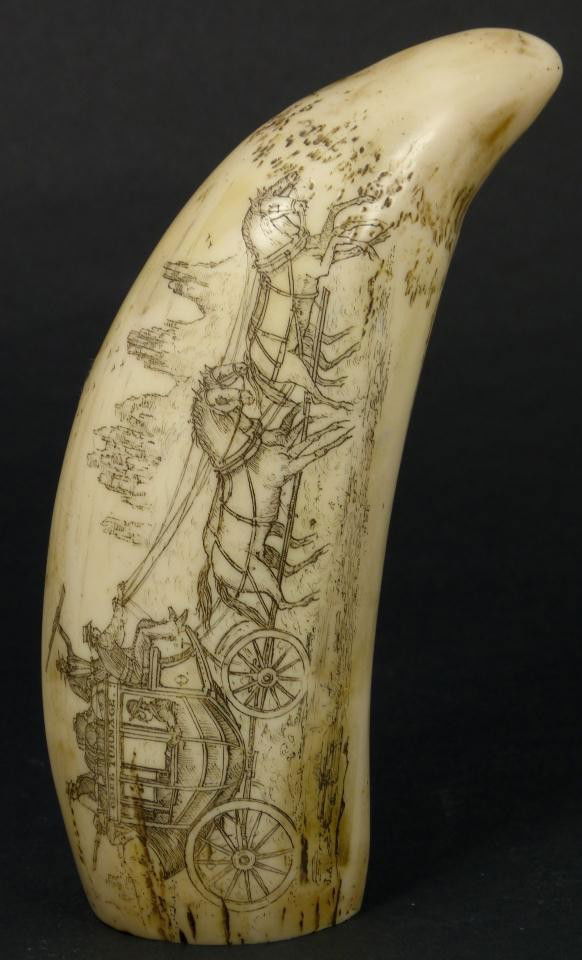 ANTIQUE TURNAGE PLACE ETCHED SCRIMSHAW TOOTH: Antique Turnage Place, Mississippi scrimshaw whale tooth. Has a hand etched design depicting a crossed revolver design with hat, boots, and Rebel flag. Other side depicts a stagecoach. 19th century. M
