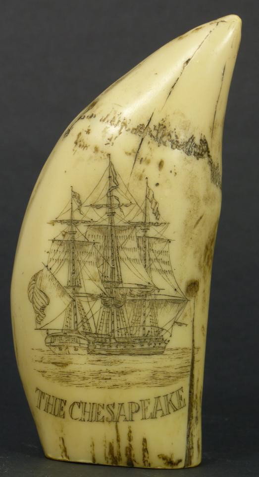 ANTIQUE SCRIMSHAW WHALE TOOTH OF THE CHESAPEAKE: Antique hand etched scrimshaw whale tooth depicting the The USS Chesapeake and Captain James Lawrence. 19th century. Measures 5 5/8" length (14.2cm).