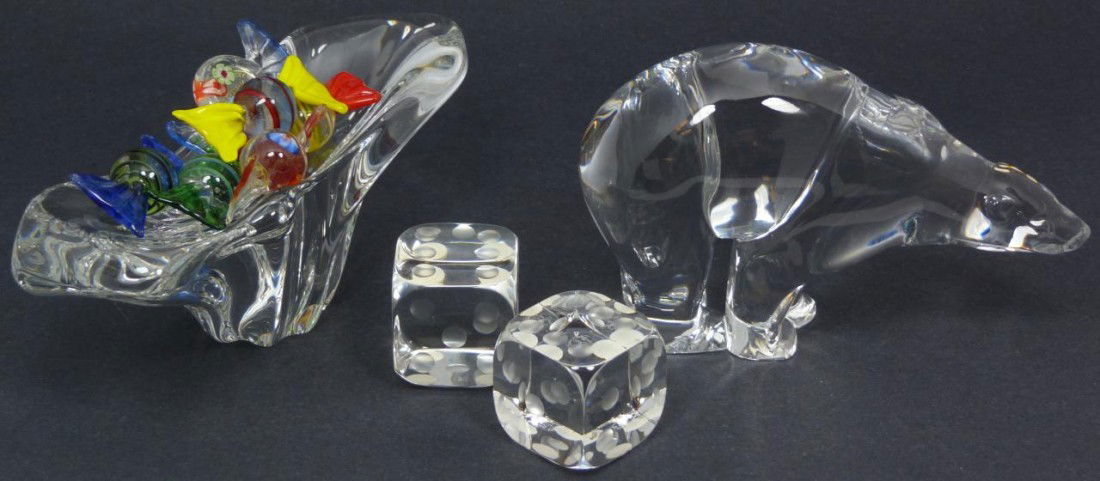 10pc LOT OF MURANO & BACCARAT ART GLASS: Lot includes a Baccarat French crystal polar bear figure (6 3/4" length/17.1cm), Baccarat dice (1 1/2" height/3.8cm) and a baccarat bowl (8" length/20.3cm). Lot also includes 6 Murano art glass candie