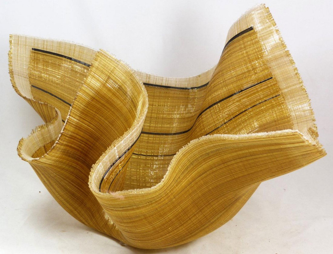 CAROLE PERRY FUSED GLASS HANDKERCHIEF BOWL: Stunning Carole Perry fused glass handkerchief bowl sculpture. Beautiful amber color throughout with black and clear colors. Measures 10 3/4" height x 18 1/2" length (27.3cm x 46.9cm).