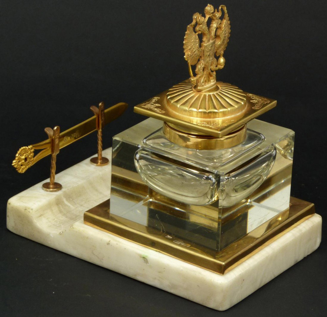 IMPERIAL RUSSIAN SILVER & CRYSTAL LETTER SET: Russian gold washed silver & crystal letter set with marble base. Beautiful set is elegantly designed with chase work and reticulation to finial and letter opener. Has squared inkwell with silver hing