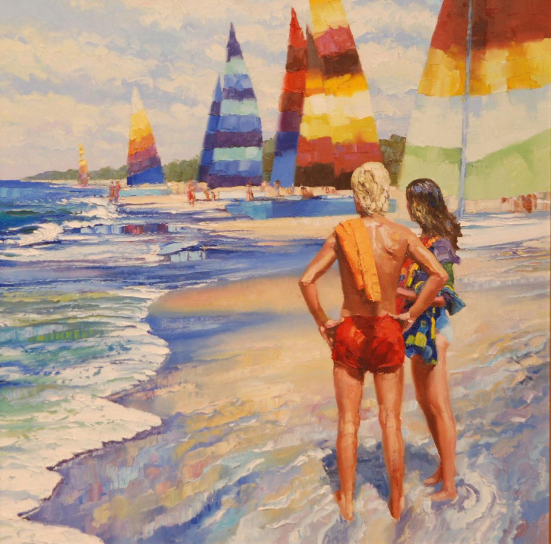 HOWARD BEHRENS OIL PAINTING SEASCAPE EXPRESSIONIST: Howard Behrens, American, 1933. Oil composition in vibrant shades applied with bold chunks of color to canvas with palette knife. Behrens passion for painting is very evident in this beach shoreline s