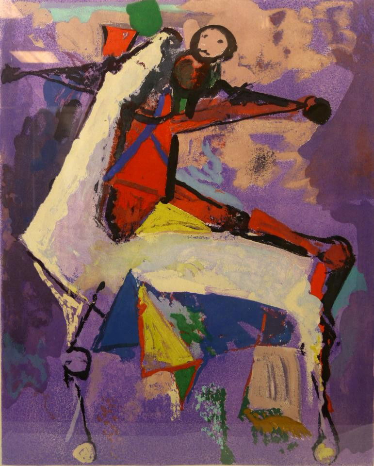 MARIANO MARINI ABSTRACT ETCHING CAVALRE: Artist Mariano Marino, Italy 1901-1980. Aquatint and drypoint etching in Abstract form rendering of a "Cavalre" in vibrant colors of red, purple, yellow, white, black, green with clear intaglio impres
