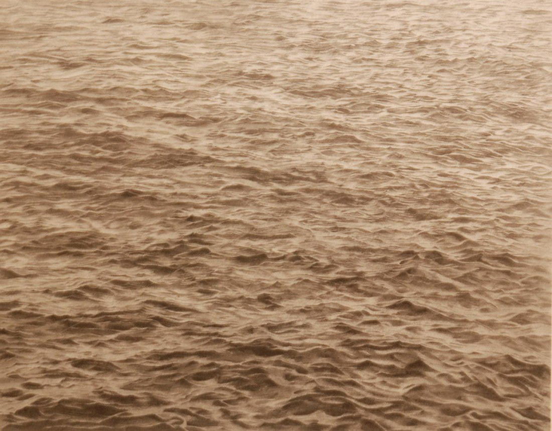 VIJA CELMINS SCREENPRINT ON PAPER OCEAN WITH CROSS: Vija Celmins (AMERICAN/LATVIAN, 1939) screenprint on paper depicting ocean water. Titled "Ocean with Cross #1". Pencil signed V. Celmins lower right. Numbered RP 5/10. Measures 24" height x 29" width