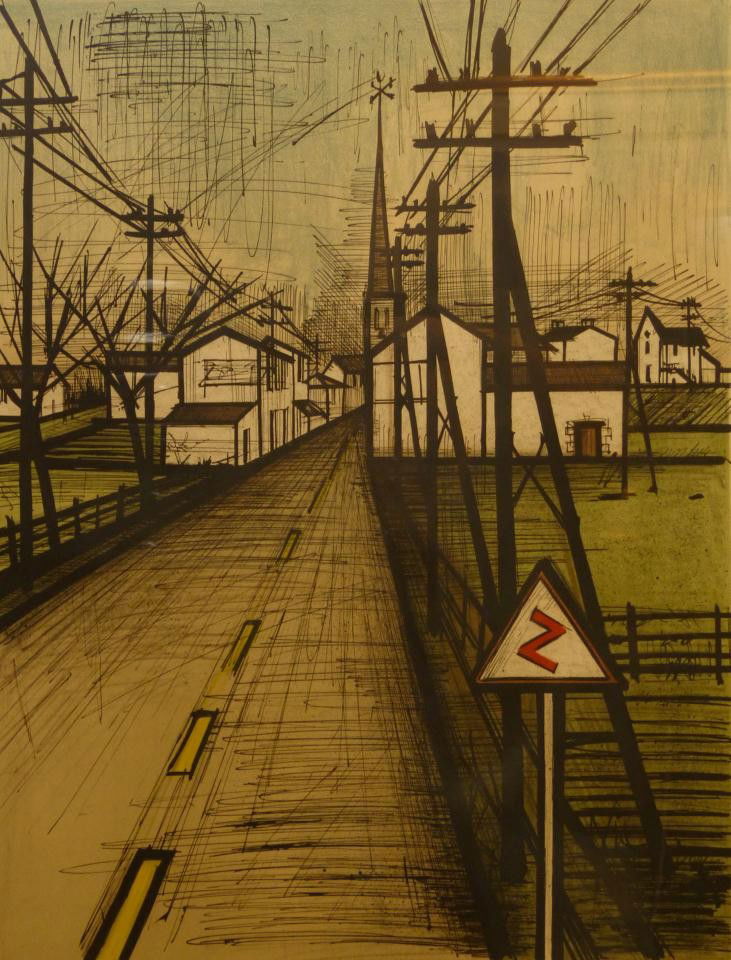 BERNARD BUFFET ORIGINAL SIGNED LITHOGRAPH LA ROUTE: Bernard Buffet (FRENCH, 1928-1999) original lithograph titled "La Route" (The Road). Depicts a village road. Pencil signed Bernard Buffet lower right and numbered 177/220. Measures 29" height x 21" wi