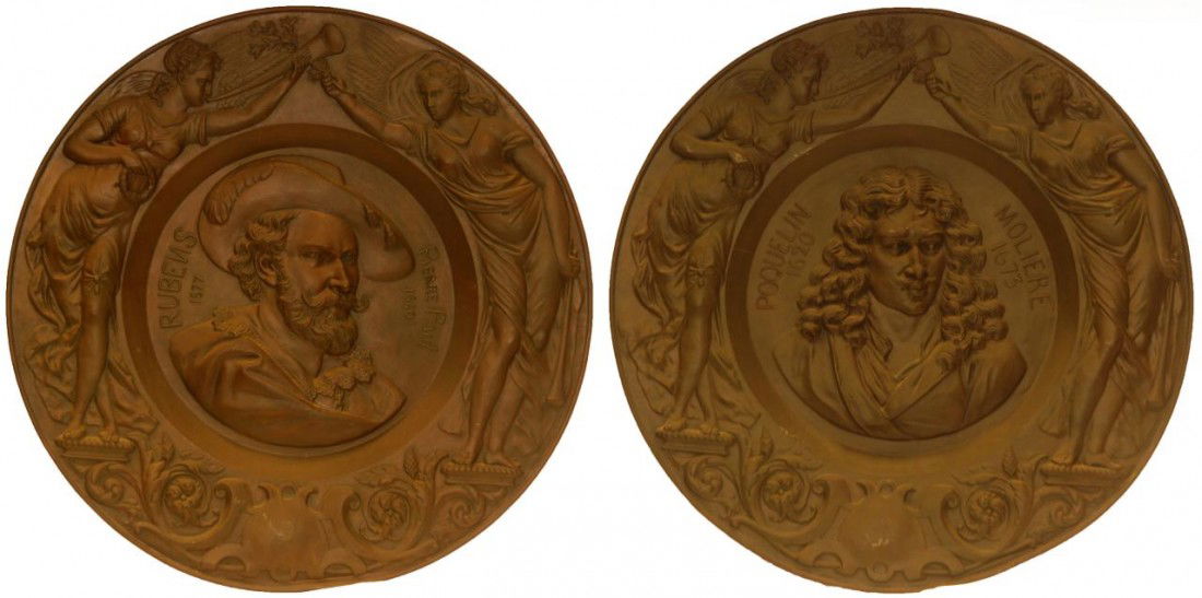 Pr MASSIVE REPOUSSE COPPER PORTRAIT WALL PLAQUES: Pr massive antique repousse copper portrait wall plaques depicting famous patrons of the arts. One depicts painter Pierre Paul Rubens Sir Peter Paul Rubens (FLEMISH, 1577-1640) and the other depicts p