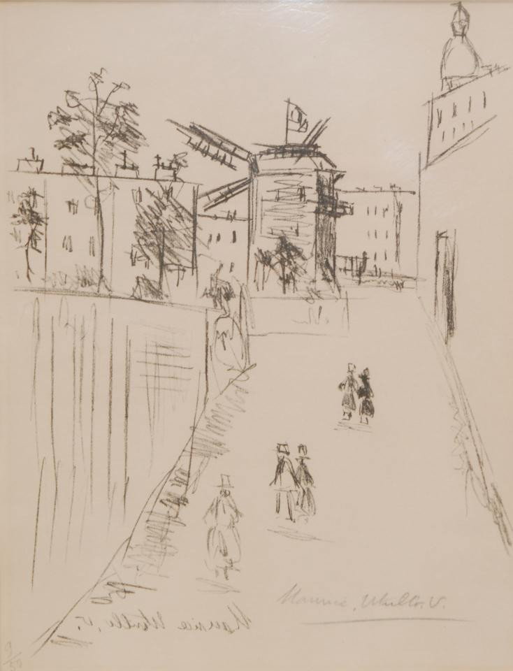 MAURICE UTRILLO LITHOGRAPH OF FRENCH STREET SCENE: Maurice Utrillo, French, December 1883 - November 1955. Original lithograph of an Impressionistic style French street scene drawn from the perspective of a window or the imagination of Utrillo who was
