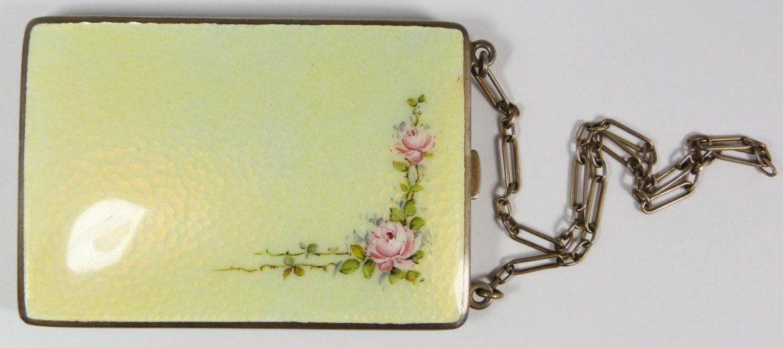 ANTIQUE J. E. BLAKE STERLING MINAUDIERE COMPACT: Antique sterling silver & enameled minaudière compact. Has hand hammered texture under Vaseline enamel. Hand painted floral design to corner of cover. Reverse has monogram. Interior has beveled mirro