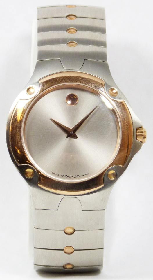 MOVADO MEN'S ROSE GOLD & SS SPORTS EDITION WATCH: Men's Movado sports edition watch with rose gold and stainless steel band and case. Marked 86 G1 1892 to back of case. Approx. 8" length (20.3cm). Serial #5366343. Includes original box and booklet. T