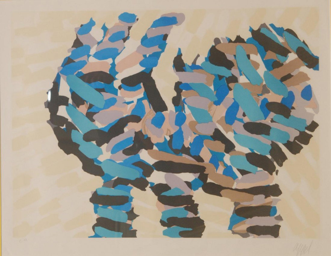 KAREL APPEL COBRA ANIMAL E.A. LITHOGRAPH: Christiaan Karel Appel, Dutch, April 25, 1921- May 3, 2006. Surrealist animal assemblage, E. A. (Artist Proof), lithograph in colors of blue, grey, flesh, white, black, brown and beige signed by the a