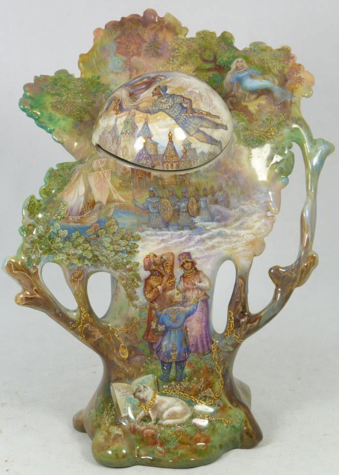 RUSSIAN LACQUERED PAPIER MACHE JEWERY BOX: Beautiful wooden hand painted Russian lacquer jewelry box depicting Pushkin fairy tale scenes, painted by Zotov. Pink & gold fleck interior. Measures 8 1/2" height x 6 1/2" width (21.6cm x 16.5cm).
