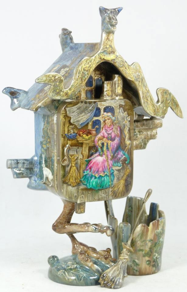 RUSSIAN LACQUERED PAPIER MACHE WITCH HOUSE BOX: Beautiful wooden hand painted Russian lacquer box depicting a witches home by Zotov. Measures 10" height x 6 3/4" width (25.4cm x 17.1cm).