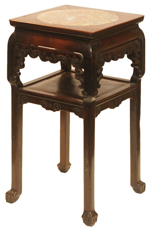 CHINESE HAND CARVED TEAKWOOD MARBLE SQUARE STAND: Chinese hand carved teak wood & marble two tier stand. Has round marble inlay to top. Square shape with raised scrolled cloud and lingzhi designs. Measures 32" height x 16" width x 16" depth (81.2cm x