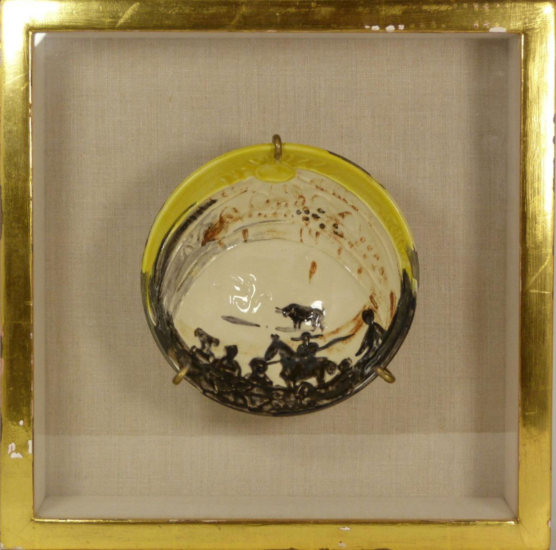 PICASSO MADOURA STUDIO POTTERY BOWL: Pablo Picasso, Spanish, 1881-1973. Earthenware dish, yellow, brown, beige and black hand painted, depicting the famous Matador scene, made famous by artist Pablo Picasso. The high gloss finish interio