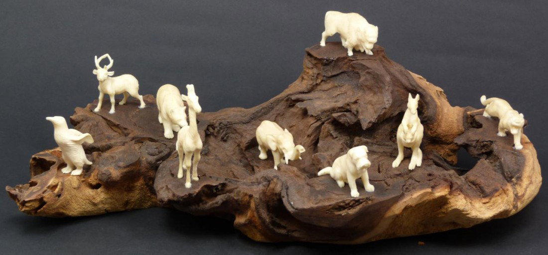 CHINESE IVORY HAND CARVED ANIMALS GROUPING ON WOOD: Chinese hand carved ivory animal group. Animals depicted are deer, bear, penguin, giraffe, elephant, dog, kangaroo, bison and lion. Each set on driftwood base. 19th/20th century. Measures 4 1/2" heigh