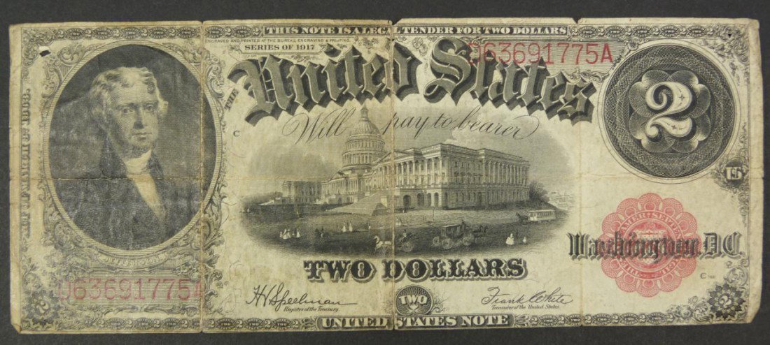 SERIES 1917 A $2 TWO DOLLAR BILL UNITED STATES: Series 1917 two dollar bill. Serial number D63691775A.