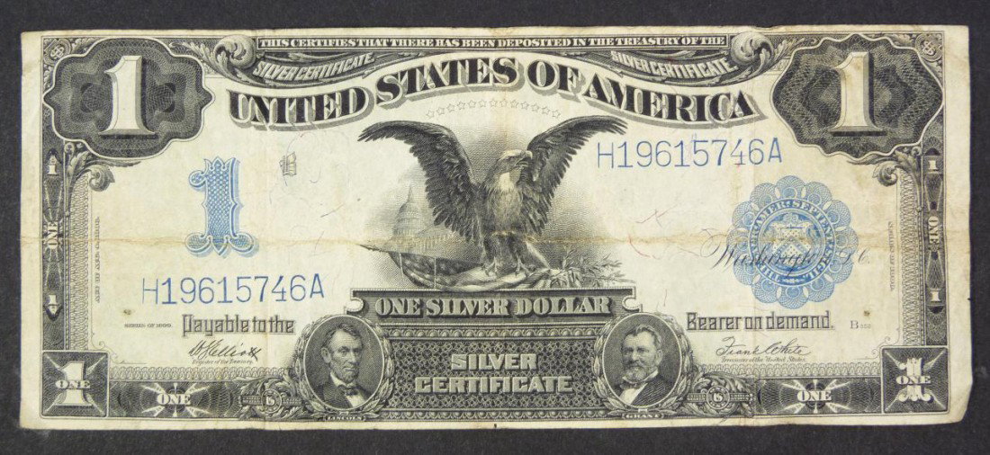 1899 A $1 ONE DOLLAR SILVER CERTIFICATE BILL U.S.: United States series 1899 one dollar silver certificate bill. Serial number H19615746A.