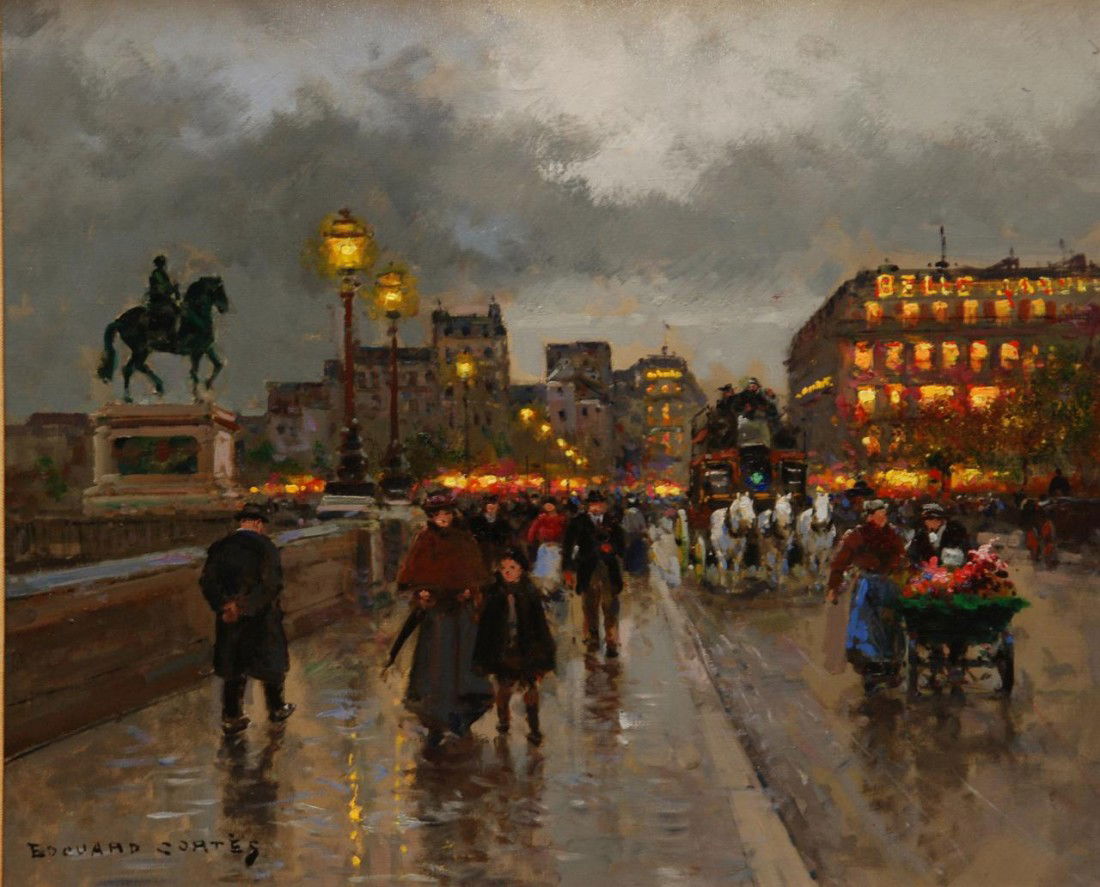 EDOUARD CORTES OIL PAINTING ON CANVAS STREET SCENE: Edouard Léon Cortès (FRENCH, 1882-1969) oil painting on canvas depicting a busy evening street scene of the Pont nuef. The lighted buildings and lamps warm the heart of the viewer against the dreary