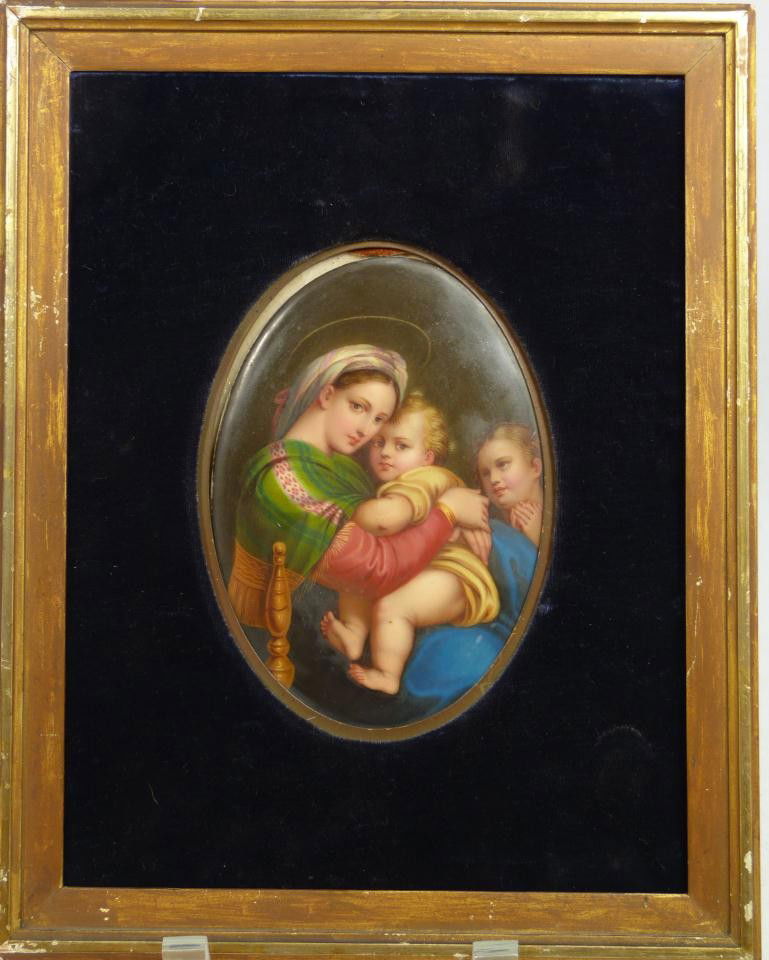 KPM PLAQUE DEPICTING MADONNA AND CHILD: Fine hand painted Berlin KPM quality plaque. Depicts Madonna and Christ Child after Raphaël's (Raphaël Urbinas Sanzio) (ITALIAN, 1483-1520) original work. Verso has impressed 5 over M. 19th century.