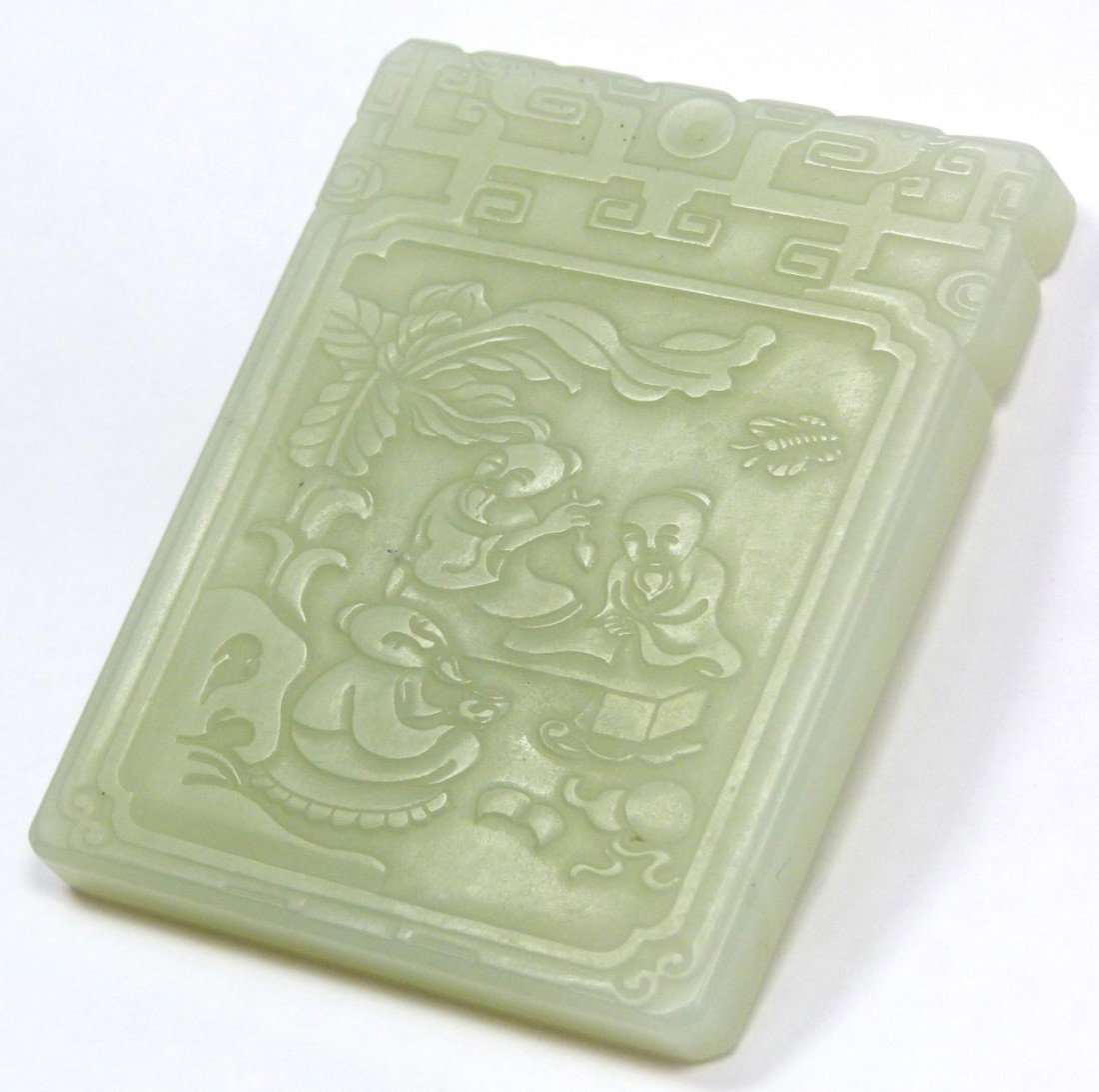 CHINESE QING WHITE HETIAN JADE SAGES PENDANT: Chinese Qing Dynasty relief carved white Hetian jade square form plaque pendant. Has an intricate design to front depicting 3 sages in an outside setting. Two are at a desk writing calligraphy. Anothe