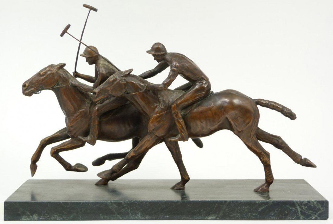 BARRY FOLEY BRONZE SCULPTURE OF POLO PLAYERS: Barry Foley, Dubland, presently sculpting. Well sculptured, bronze in Contemporary design, of two polo riders with mallots in full gate, mounted on black marble plinth. Signed by artist Barry Foley. M