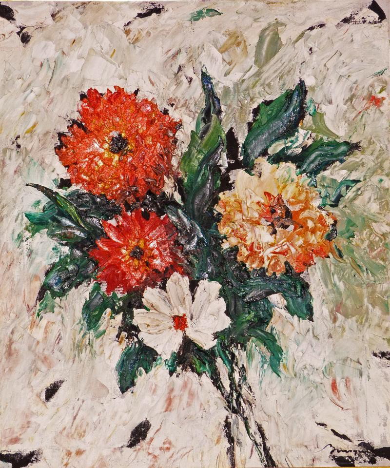 GEORGES BOUSQUET OIL IMPRESSIONIST STILL LIFE: Georges Bousquet, French, 1904-1976. Original oil on canvas painting, still life, in brilliant colors of orange and white depicting a bouquet of chrysanthemums, signed by the artist front, lower right