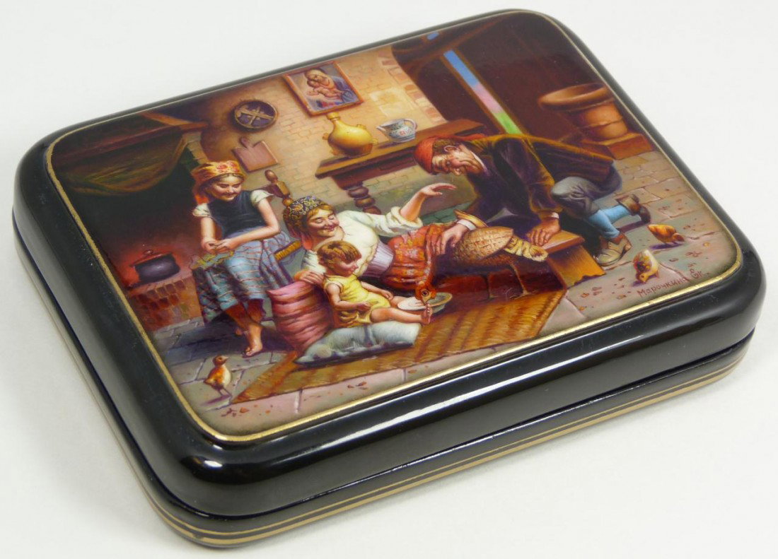 HAND PAINTED RUSSIAN BOX WITH w BIRD FEEDING SCENE: Hand painted Russian modern lacquer box. Depicts a family in their home feeding a turkey and chicks. A young child sits amused as the turkey is very close feeding from the bowl. The family revels in t