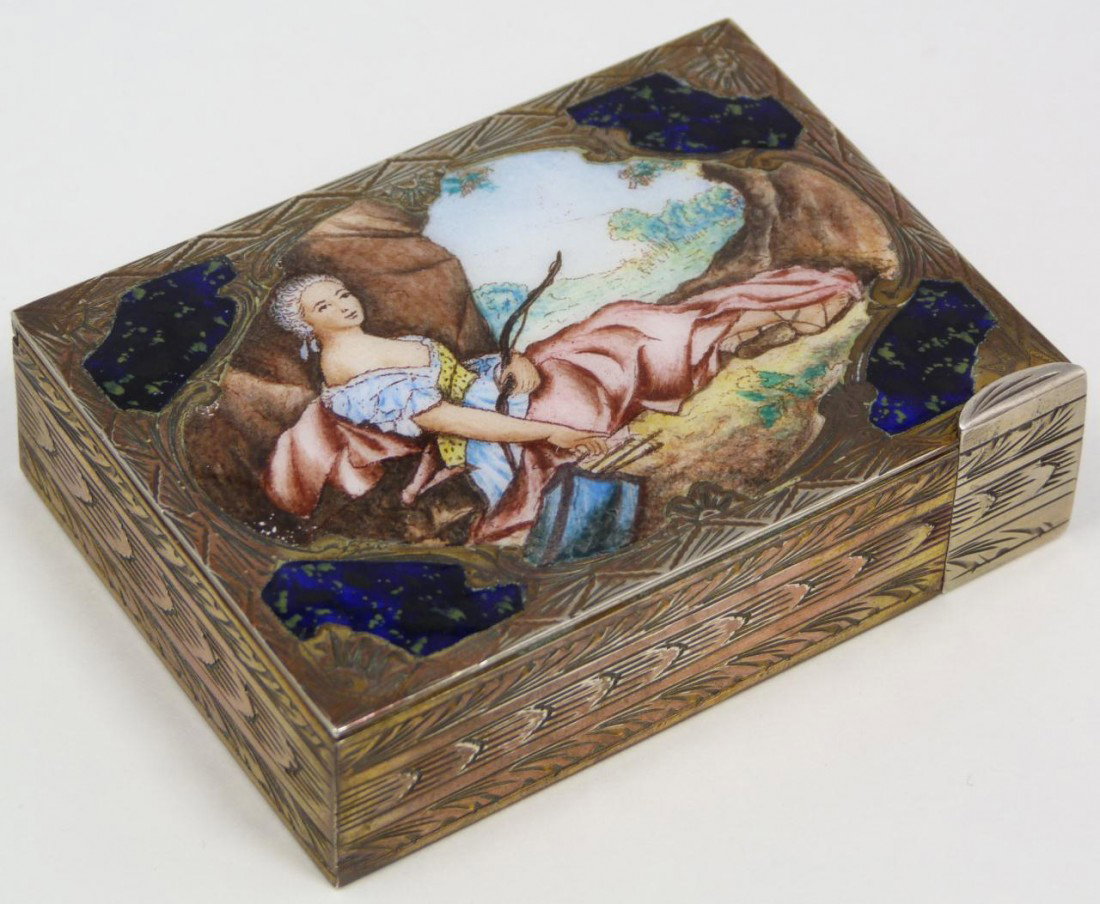 ITALIAN ENAMELED 800 SILVER MINAUDIERE COMPACT: Italian 800 silver enameled & chased minaudière powder box compact. Has beautiful hand painted scene to top depicting woman with bow & arrows. Exquisite chased design throughout exterior. Interior ha
