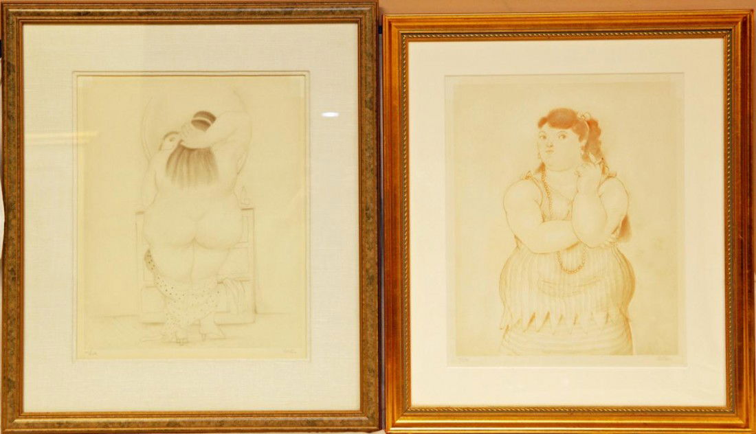 Pr OF FERNANDO BOTERO ORIGINAL COLOR LITHOGRAPHS: Pair of Fernando Botero (COLOMBIAN, 1932) original color lithographs depicting women. One titled Mujer Fumando (Woman Smoking) and Mujer Ante El Espejo (Woman in the Mirror). Both pencil signed Botero