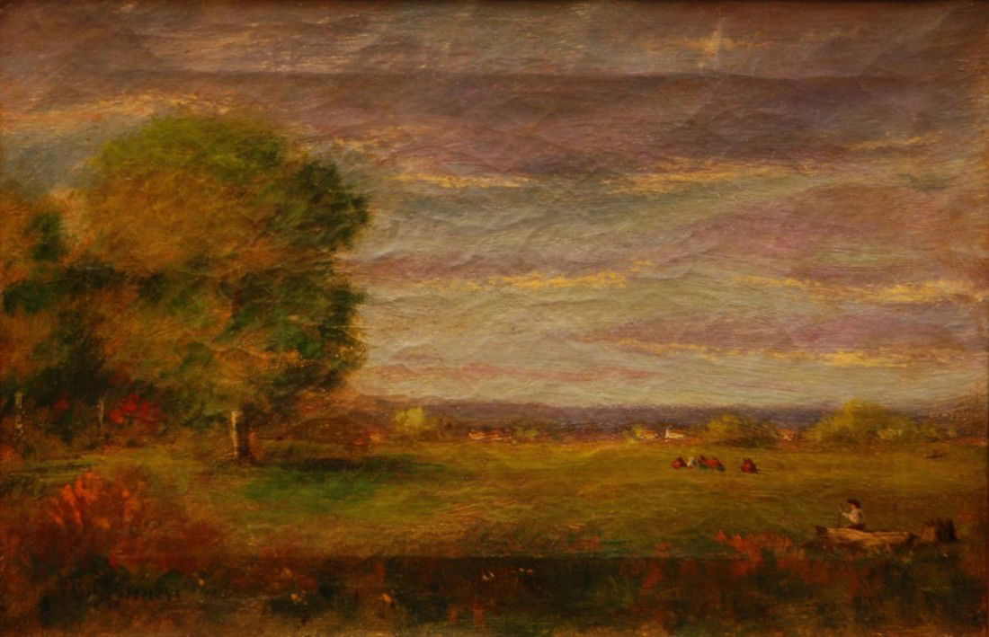 GEORGE INNESS OIL PAINTING OF LANDSCAPE: George Inness (American, 1825-1894) oil painting on canvas of a wide landscape. A man, livestock and a house can be seen in the rendering. This painting reflects the theme of American settlement durin