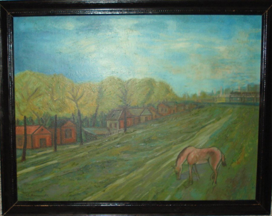GEORGE ANNENKOV OIL ON CANVAS OF HORSE & ROAD: Yury Pavlovich (George) Annenkov (RUSSIAN, 1889-1975) oil painting on canvas depicting a horse grazing near a country road with houses lining the road under trees. Signed lower left. Attributed to Geo