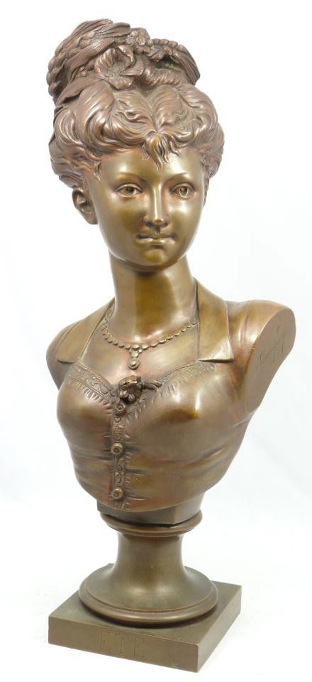 19th C ADOLPHE JEAN LAVERGNE BRONZE BUST OF WOMAN: Adolphe-Jean Lavergne (FRENCH, 1852 - 1901) antique bronze bust. Depicts a woman with wrapped hair and floral dress decoration. Etched title "Ete" to front of base. Measures 17" height x 8" width (43.