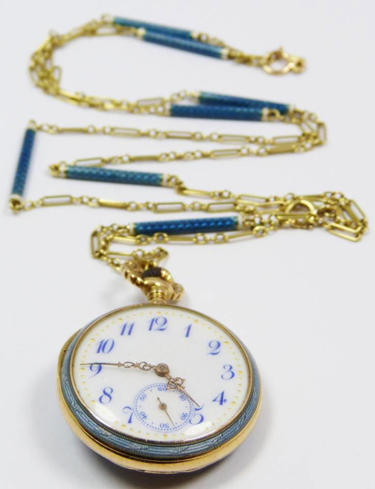 ANTIQUE 14K SWISS GUILLOCHE ENAMEL POCKET WATCH: 14k yellow gold Longines Swiss guilloche pocket watch. Has white enamel face with blue Arabic numerals. Has gold beaded notches. Has scrolled gold hour, minute and sub second hands. Has beautiful guil