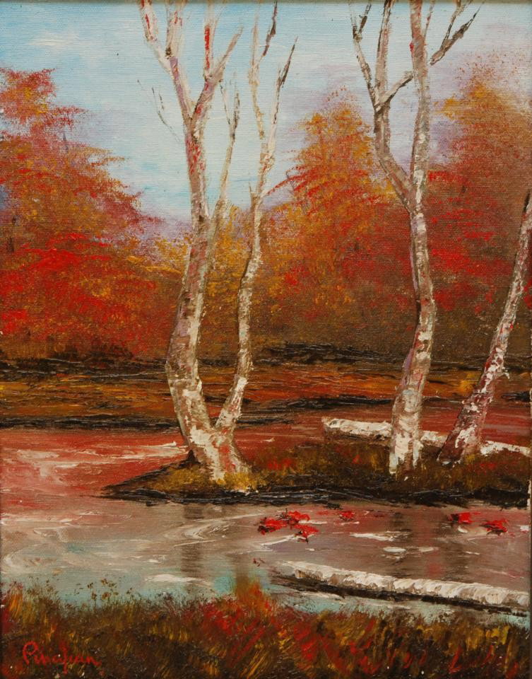 ARTHUR PINAJIAN OIL ON CANVAS DEPICTING A STREAM: Arthur Pinajian (Armenian / American 1914 – 1999) Oil on canvas depicting a landscape with stream, grass and trees. Signed lower right. Attributed to Arthur Pinajian. Measures 14" height x 11" width