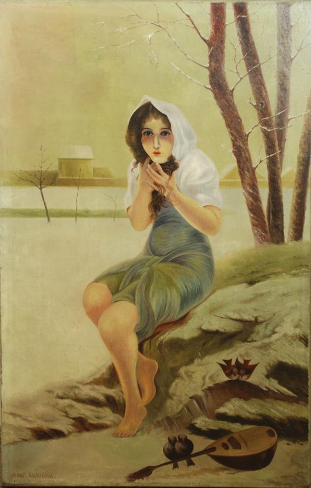 HRANT ANANYAN OIL ON CANVAS OF COLD GIRL: Hrant Ananyan (Armenian). Oil on canvas depicting a girl sitting in the cold with little clothes and no shoes trying to stay warm. In the background, houses can be seen. At her feet is a lute. Signed 