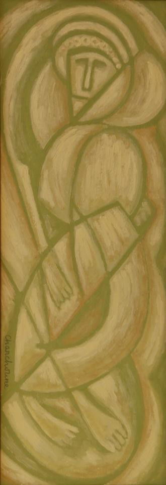 SERGE CHARCHOUNE OIL ON CANVAS DEPICTING A MAN: Serge Charchoune (RUSSIAN, 1888-1975). Oil on canvas depicting a man. Signed lower left. Marked to reverse. Attributed to Serge Charchoune. Measures 21" height x 7 1/4" width + 1" frame (53.3cm x 18.4