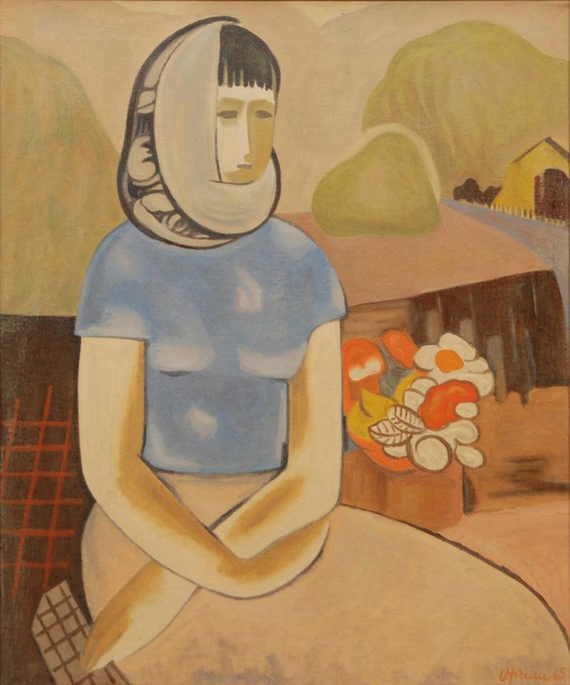 MINAS AVETISIAN ABSTRACT PORTRAIT PAINTING: Minas Avetisian, (ARMENIAN/RUSSIAN), 1928-present. Abstract painting attributed to Minas Avetisian, depicting a seated lady, signed front lower right corner, Avetisian, dated 65. On verso, Falmouth Ga