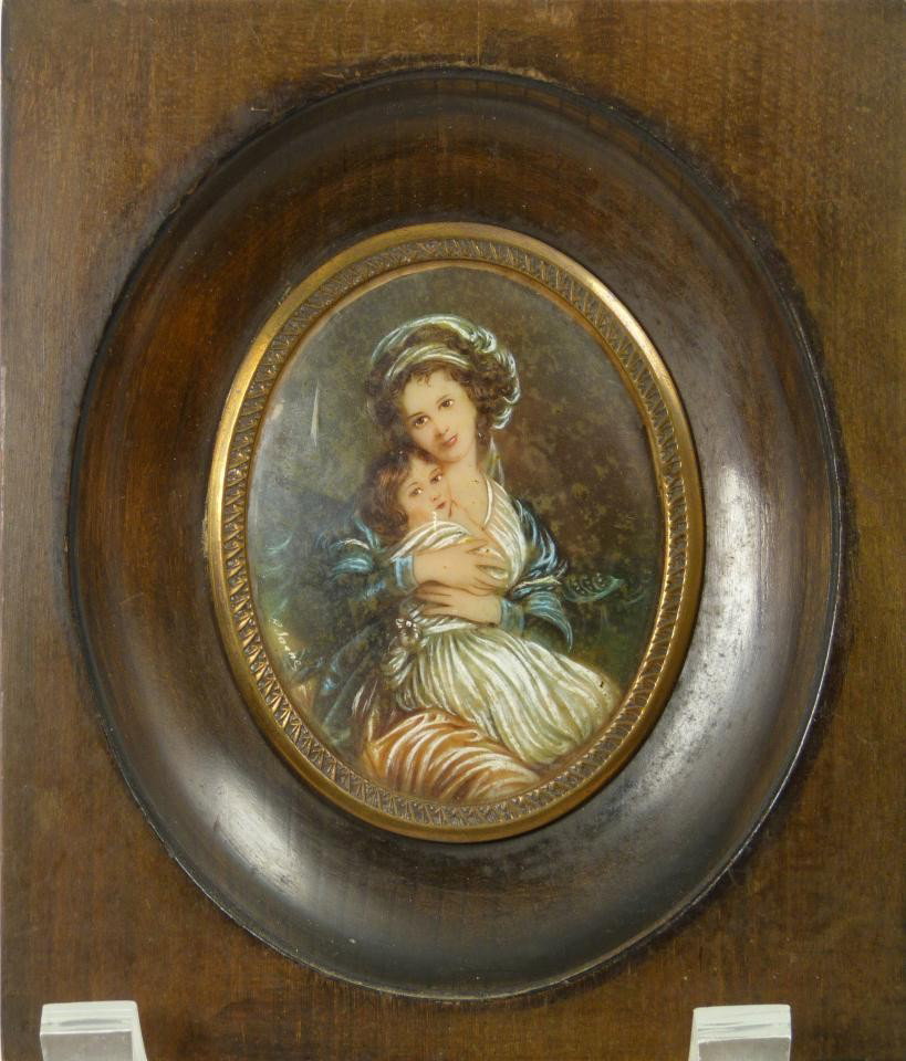 ANTIQUE OIL PAINTING ON IVORY PORTRAIT OF LEBRUN: Antique European hand painted oil on ivory depicting the self portrait of Elisabeth Le Brun and her daughter. Signed lower left "E. Danne". 19th century. After Elisabeth Louise Vigée Le Brun's (FRENC