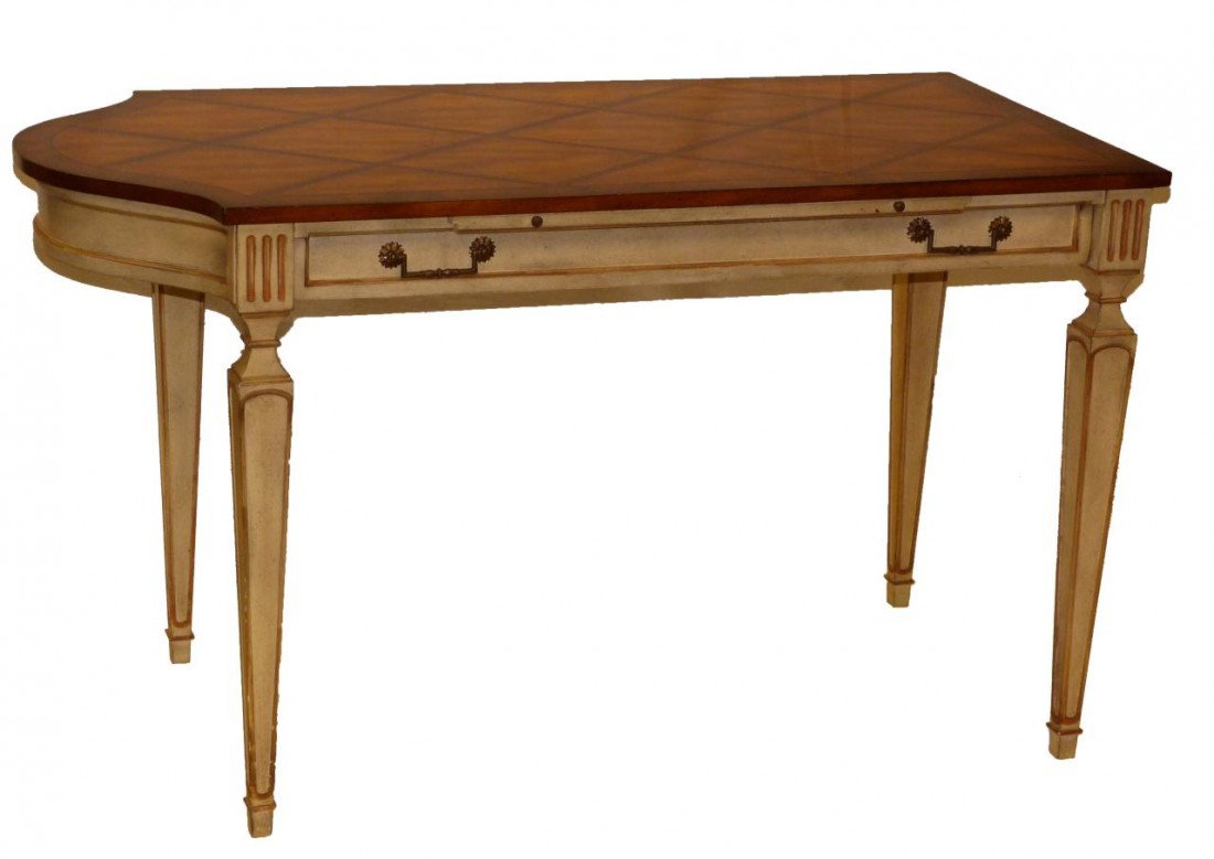 ANTIQUE AMERICAN INLAY WOODEN PARTNERS DESK: Antique American wooden inlay desk. Has a wide drawer with two bronze handles with laurel leaf design to each side. Above the drawer is a sliding desk panel. Both the desk and the drawer slide out to 