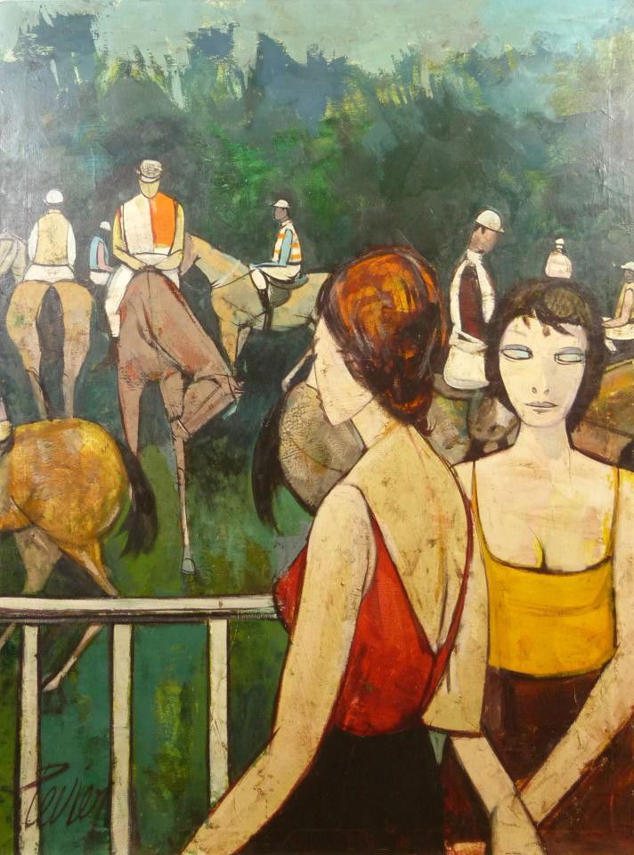 CHARLES LEVIER ORIGINAL OIL ON CANVAS OF JOCKEYS: Charles Levier (FRENCH, 1920-2003) original oil painting on canvas depicting two women standing near a fence. In the background jockeys on horses can be seen. Signed lower left "Levier". Authenticity