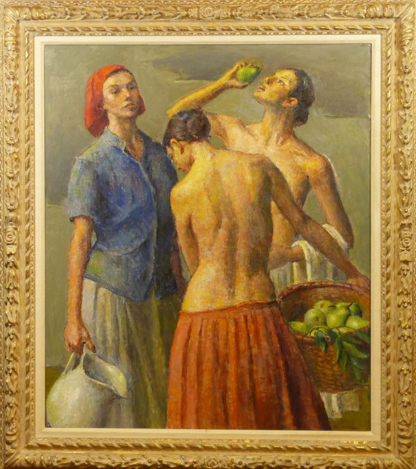 ROBERT BRACKMAN THREE GIRLS OIL/CANVAS: Robert Brackman (AMERICAN/RUSSIAN, 1896-1980) oil painting on canvas depicting three women. Two females are partially nude and enjoying pears. A peasant girl is near attending to them. Verso has hand
