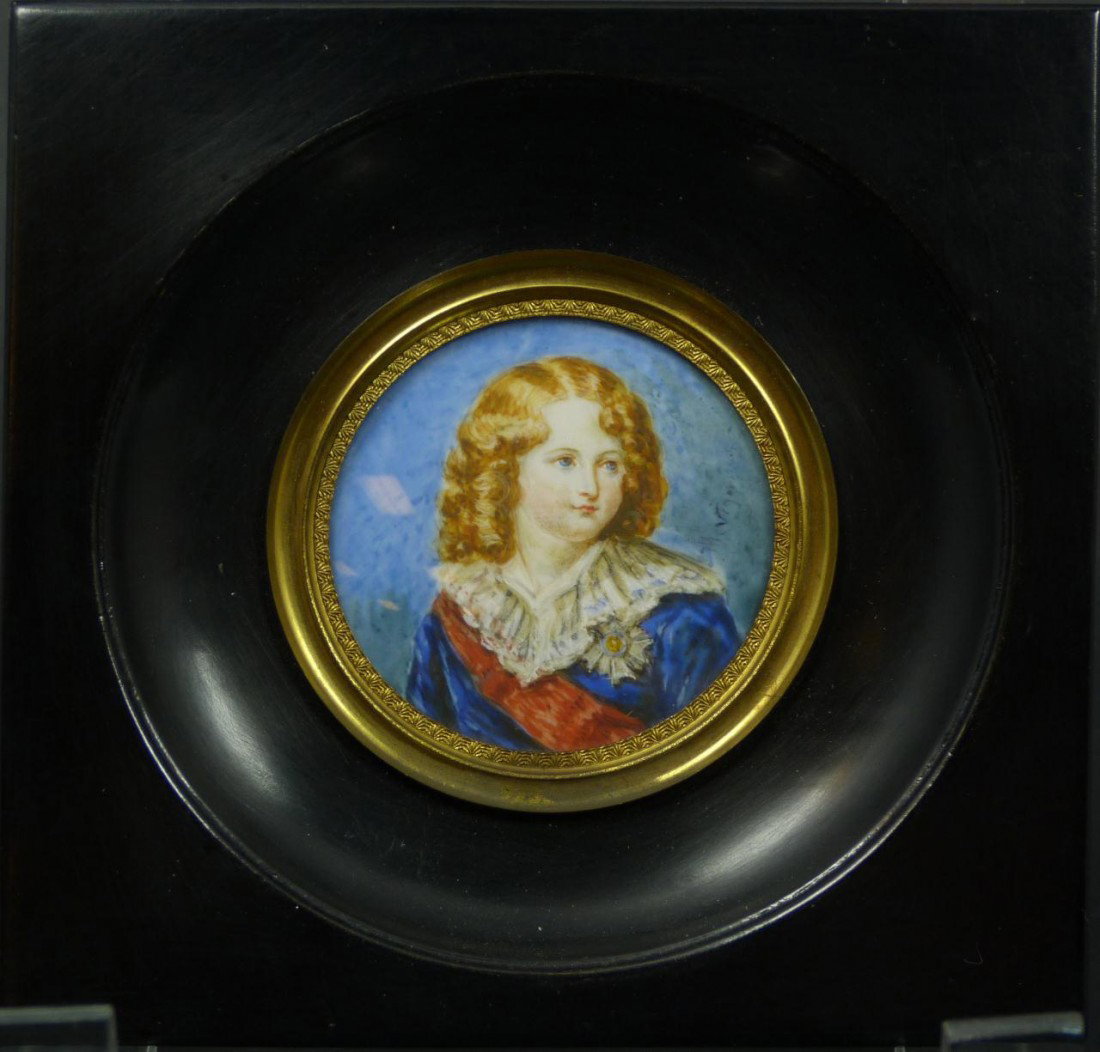 18th CENTURY PAINTING ON IVORY OF LOUIS THE 13th: Antique hand painted portrait of Louis the 13th after the original work by Elisabeth Louise Vigée Le Brun (FRENCH, 1755-1842). Painted by the French court painter for Louis 15th. 18th century. Signed
