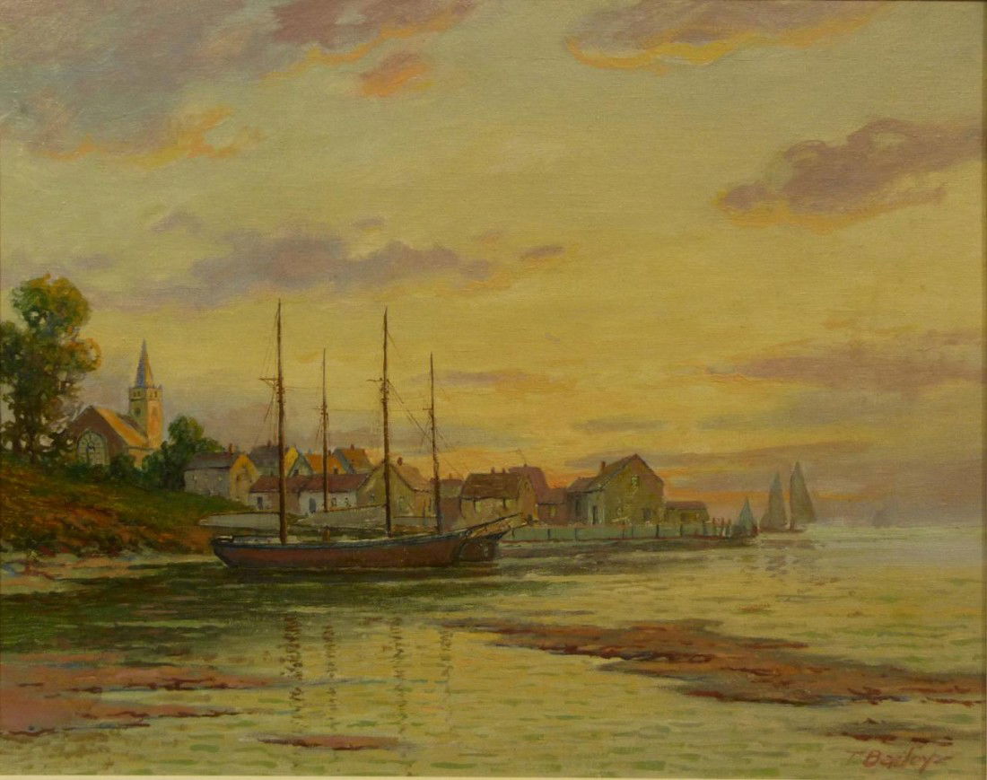 WILLIAM PASKELL OIL PAINTING ON CANVAS OF HARBOR: William Frederick Paskell (AMERICAN, 1866-1951) oil painting on canvas depicting a small port at dawn or sun down. Signed lower right with his alias "T. Bailey". Authenticity guaranteed. Measures 16"