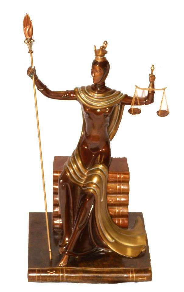 ERTE BRONZE LIMITED EDITION FIGURE OF JUSTICE: Erte (RUSSIAN/FRENCH, 1892-1990) Bronze sculpture depicting lady "Justice". She is holding scale and staff with right hand opened on figural book base. Dated 1984. Signed and numbered 454/500. Measure