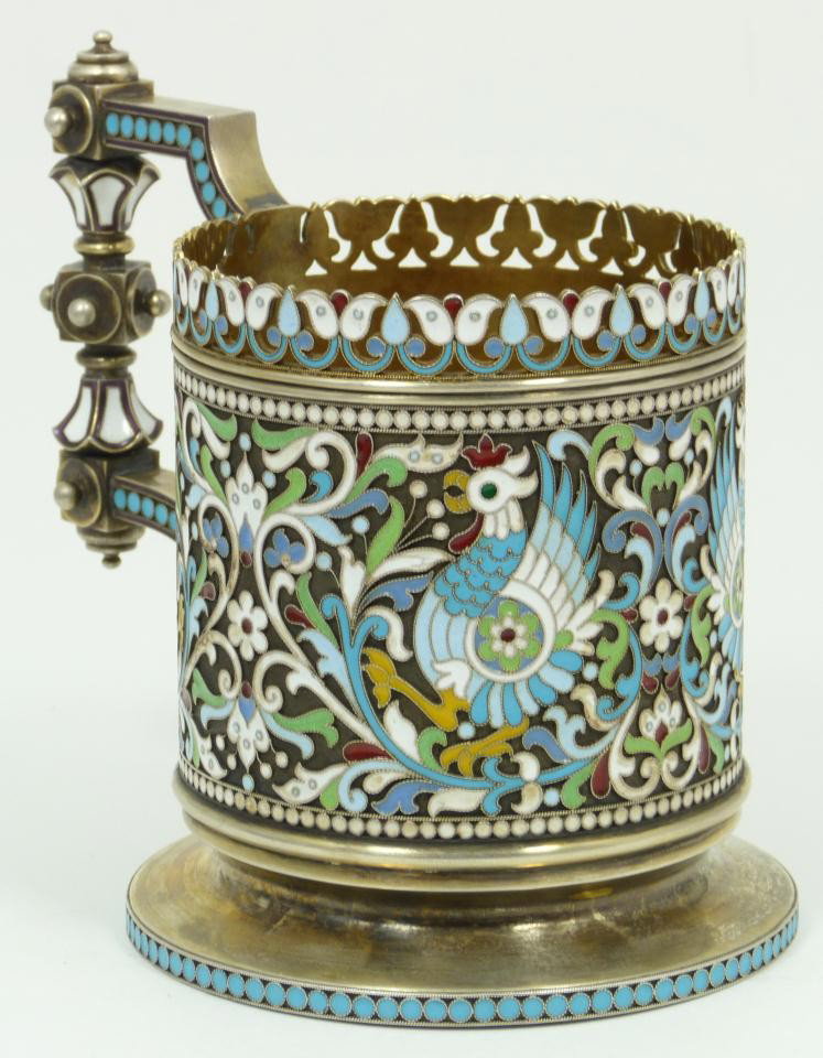 IMPERIAL RUSSIAN SILVER EAGLES CUP KLEBNIKOV: Imperial Russian silver enameled eagles cup having gold wash interior. Has town marks and 84 silver purity marks to bottom. Also holds Ivan Petrovich Klebnikov workmaster mark to bottom with 1892 assa