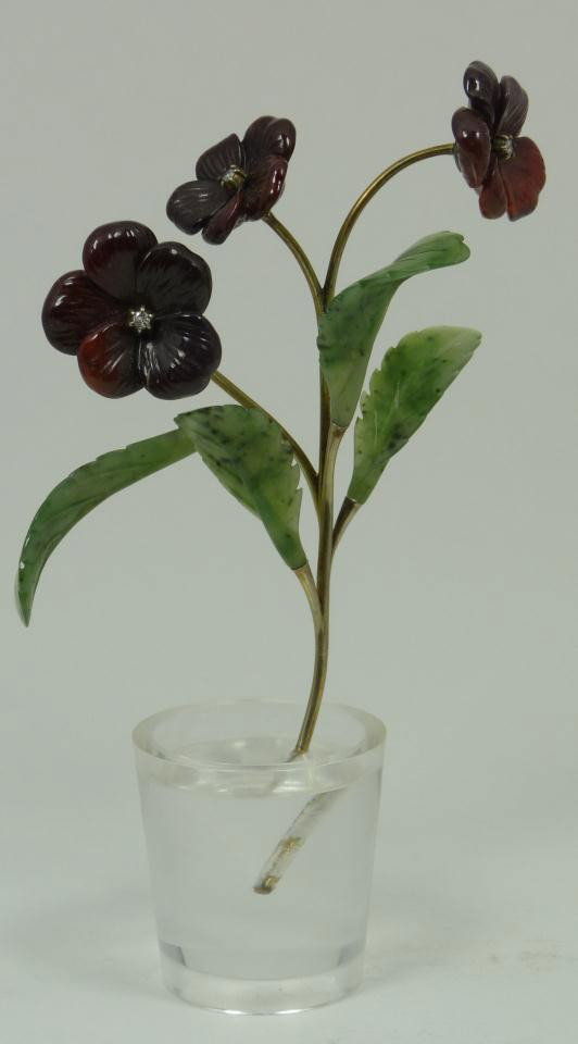 IMPERIAL RUSSIAN STONE & SILVER FIGURAL FLOWER: Exquisite Imperial Russian Carl Faberge stone figural flowers in pot. Exquisitely crafted with carnelian flowers and nephrite jade leaves attached to silver stems inserted into a rock crystal pot. Eac