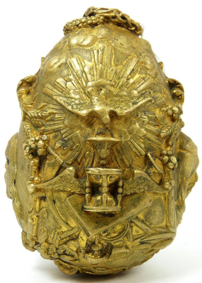 19th C GILT BRONZE RUSSIAN EASTER EGG ORNAMENT: Antique Russian gilded bronze Easter egg ornament having raised designs throughout depicting, Christ and many other religious symbols. Impressed 120 to bottom. 19th century. Measures 5" height x 3 5/8