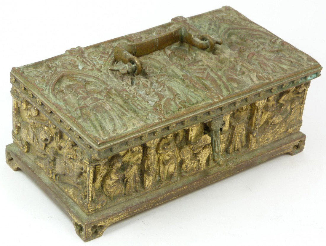 ANTIQUE EUROPEAN BRONZE LOCKING JEWELRY BOX: Antique European bronze jewelry box. Has handle with spade design and motif throughout. Relief religious scenes and jousting scenes. Marked to bottom. 19th century. Measures 8 1/2" length x 4 3/4" hei